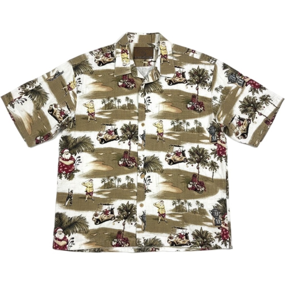Clearwater Outfitters Mens XL‎ Santa Golf Christmas Hawaiian Shirt Tropical Tan
